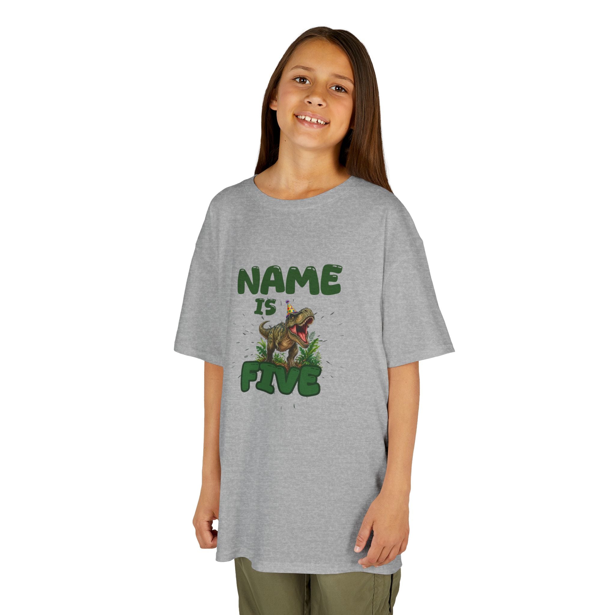 Personalised Kids Dinosaur T‑Shirt, Roaring T‑Rex "Name is Five" Birthday Tee