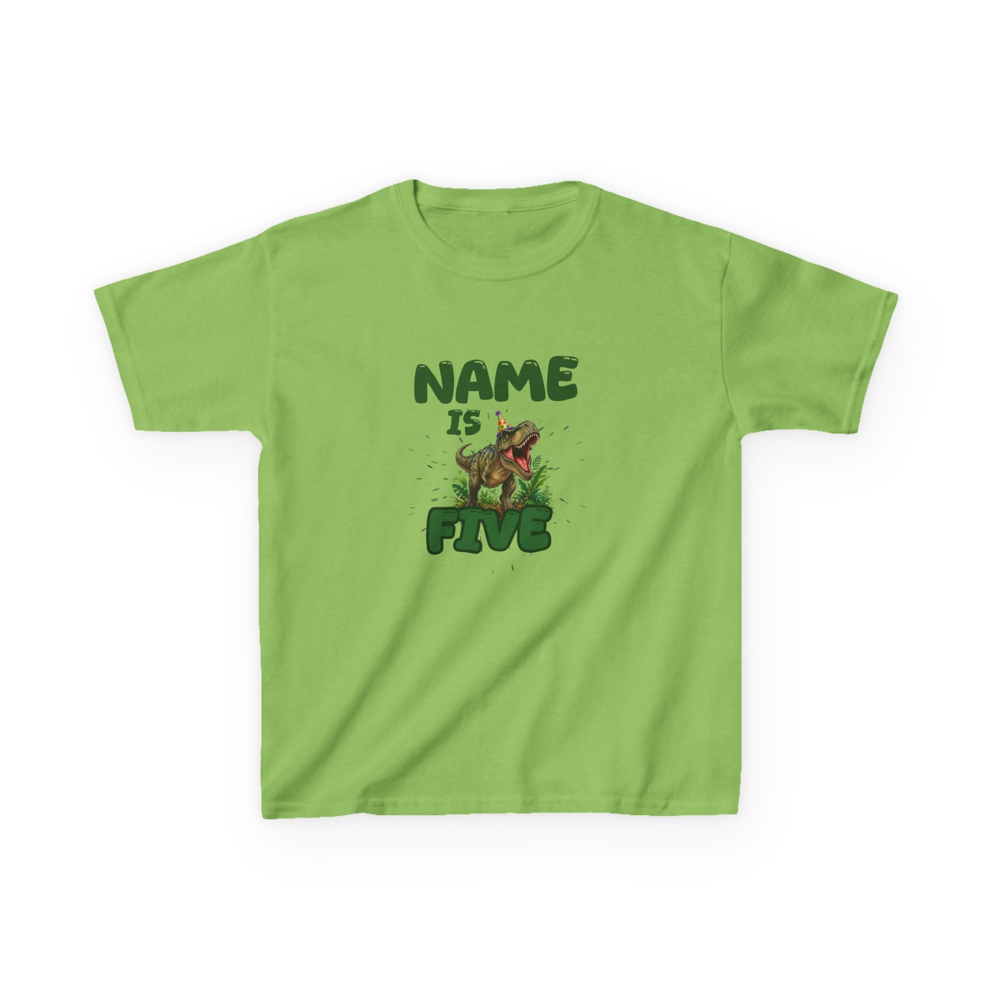 Personalised Kids Dinosaur T‑Shirt, Roaring T‑Rex "Name is Five" Birthday Tee