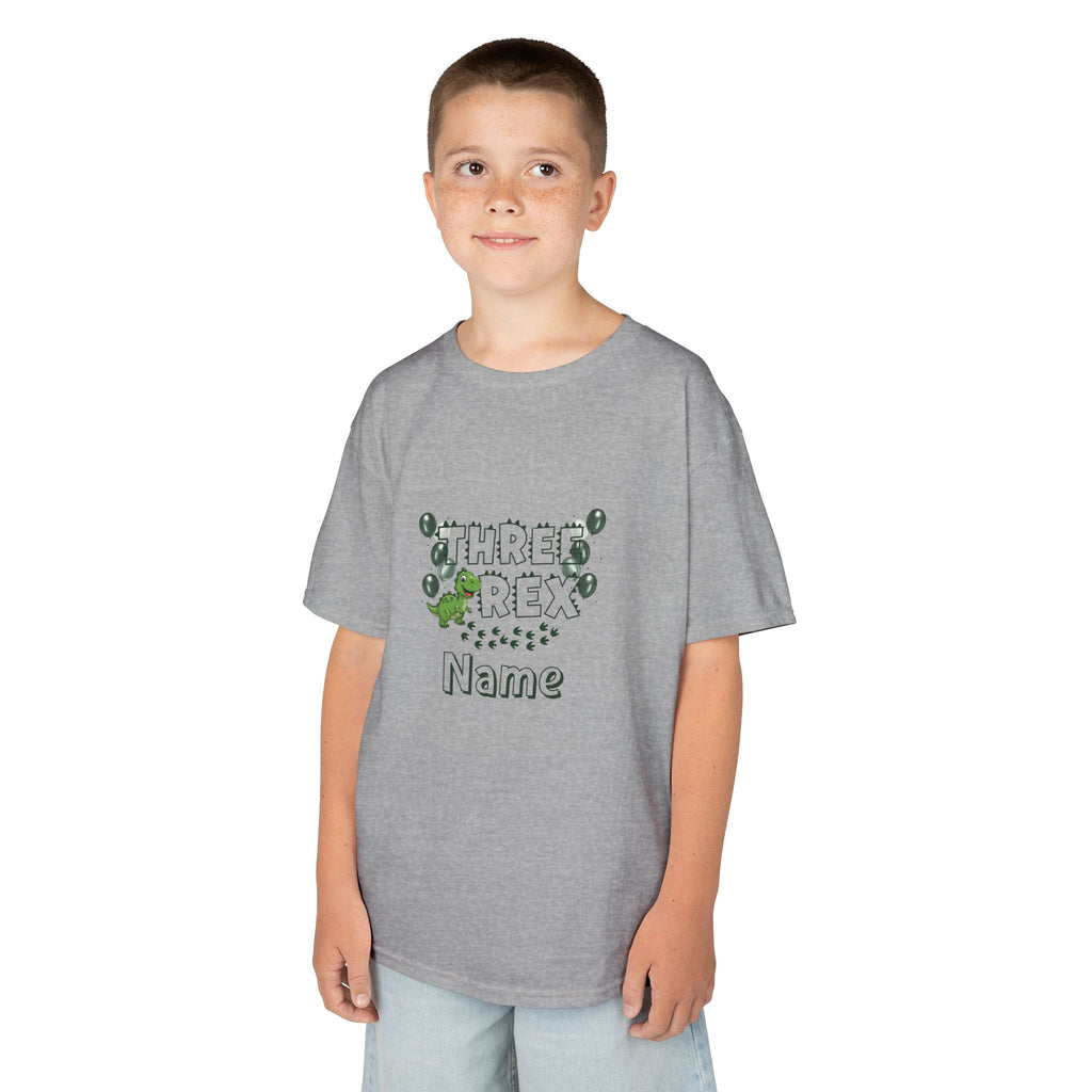 Personalised Kids Tee, "THREE REX" Birthday Dinosaur Shirt (Green Text)