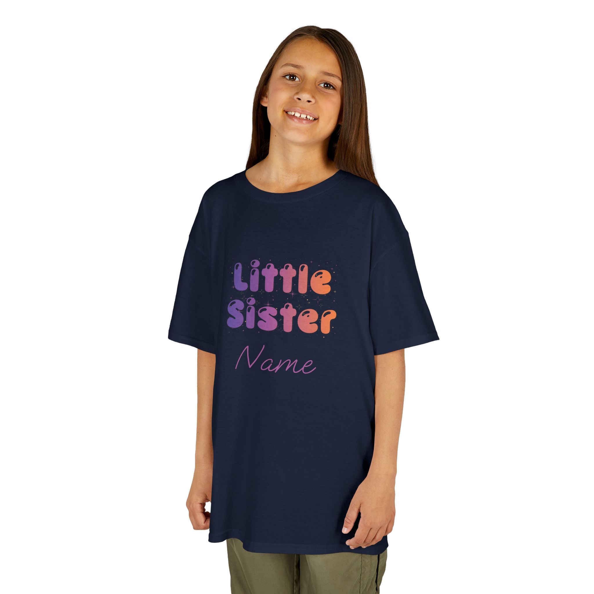 Little Sister Personalised Kids Tee, colourful Bubble Letters with Name