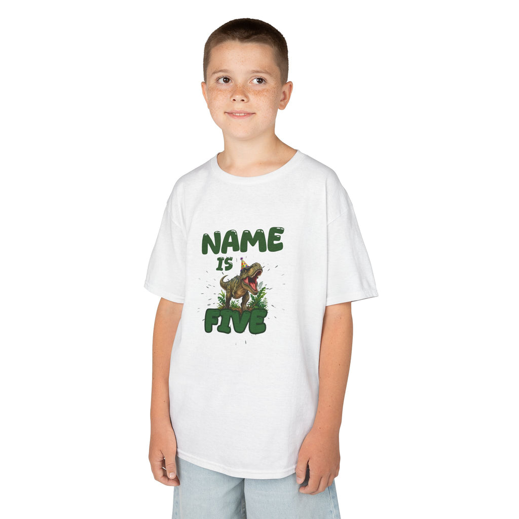 Personalised Kids Dinosaur T‑Shirt, Roaring T‑Rex "Name is Five" Birthday Tee
