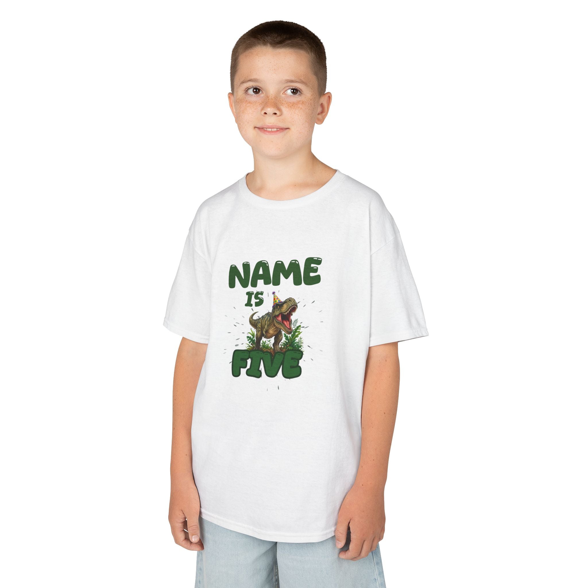 Personalised Kids Dinosaur T‑Shirt, Roaring T‑Rex "Name is Five" Birthday Tee