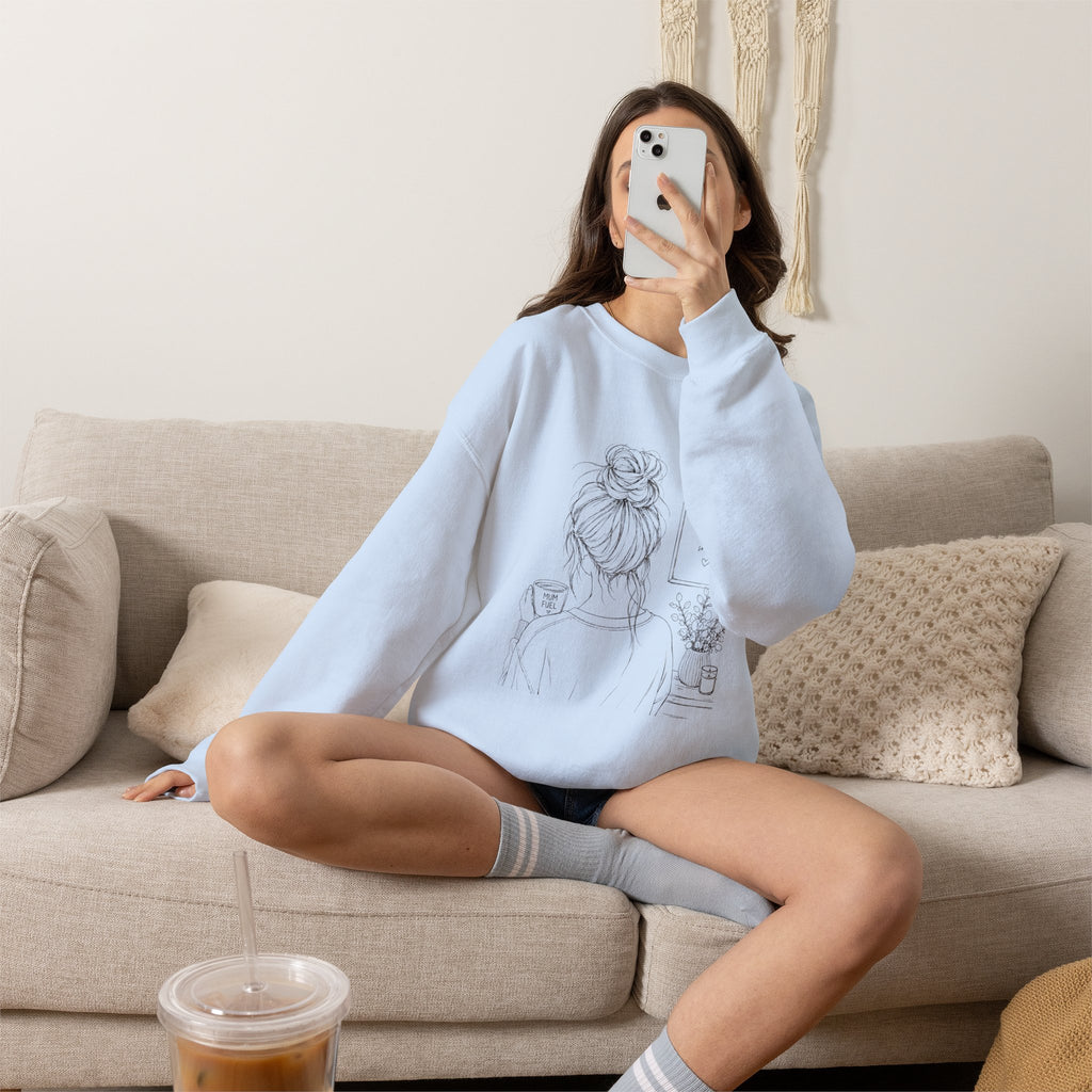 Cozy Morning Sketch girl with bun holding coffee Sweatshirt | minimalist line art