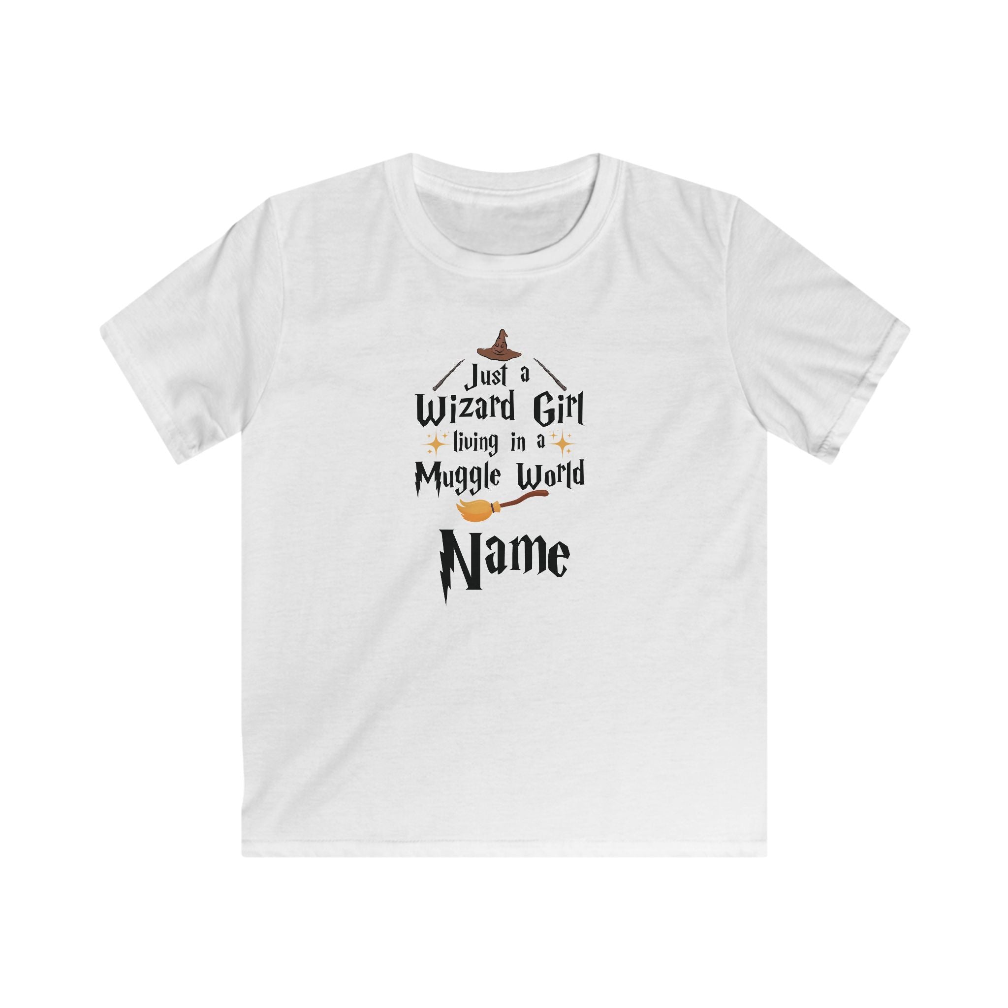 Personalised Wizard Girl Kids Tee, 'Wizard Girl Living in a Muggle World' Name T-Shirt