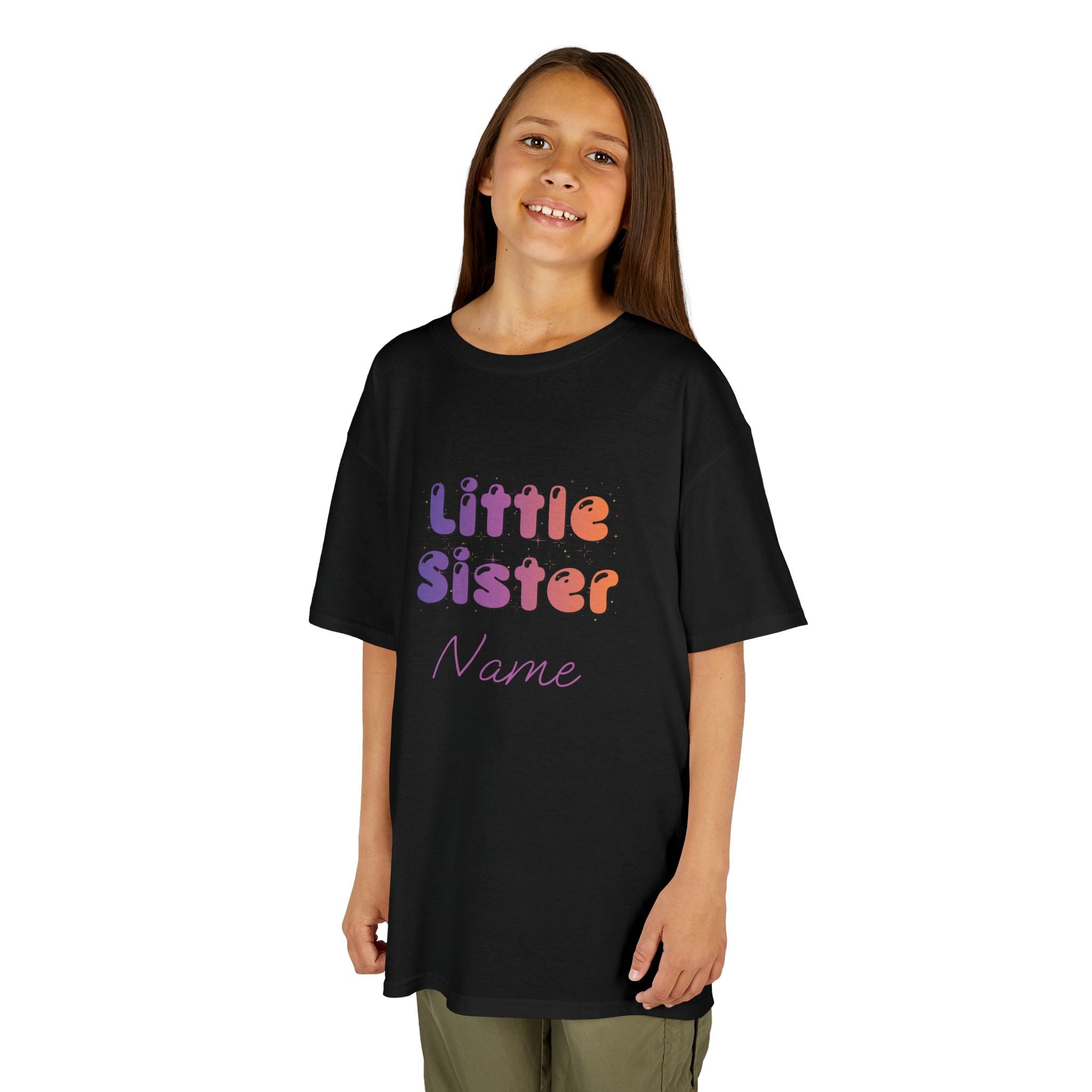 Little Sister Personalised Kids Tee, colourful Bubble Letters with Name