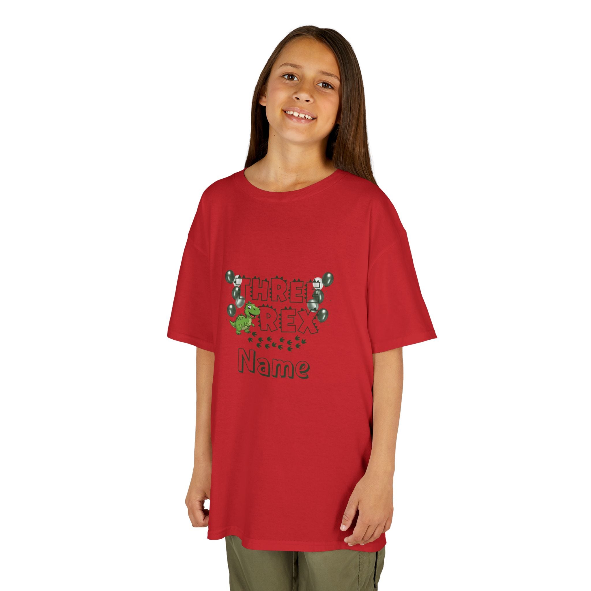 Personalised Kids Tee, "THREE REX" Birthday Dinosaur Shirt (Green Text)