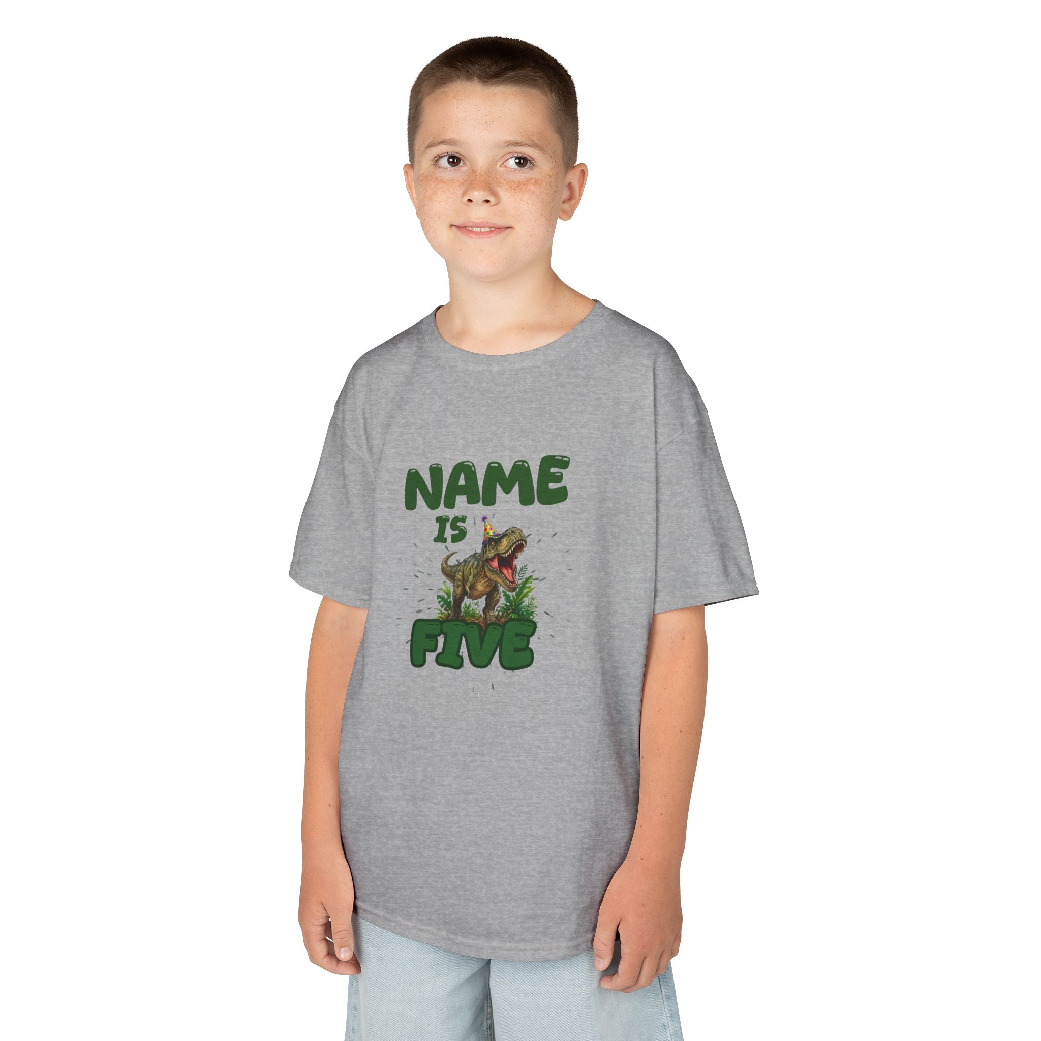 Personalised Kids Dinosaur T‑Shirt, Roaring T‑Rex "Name is Five" Birthday Tee