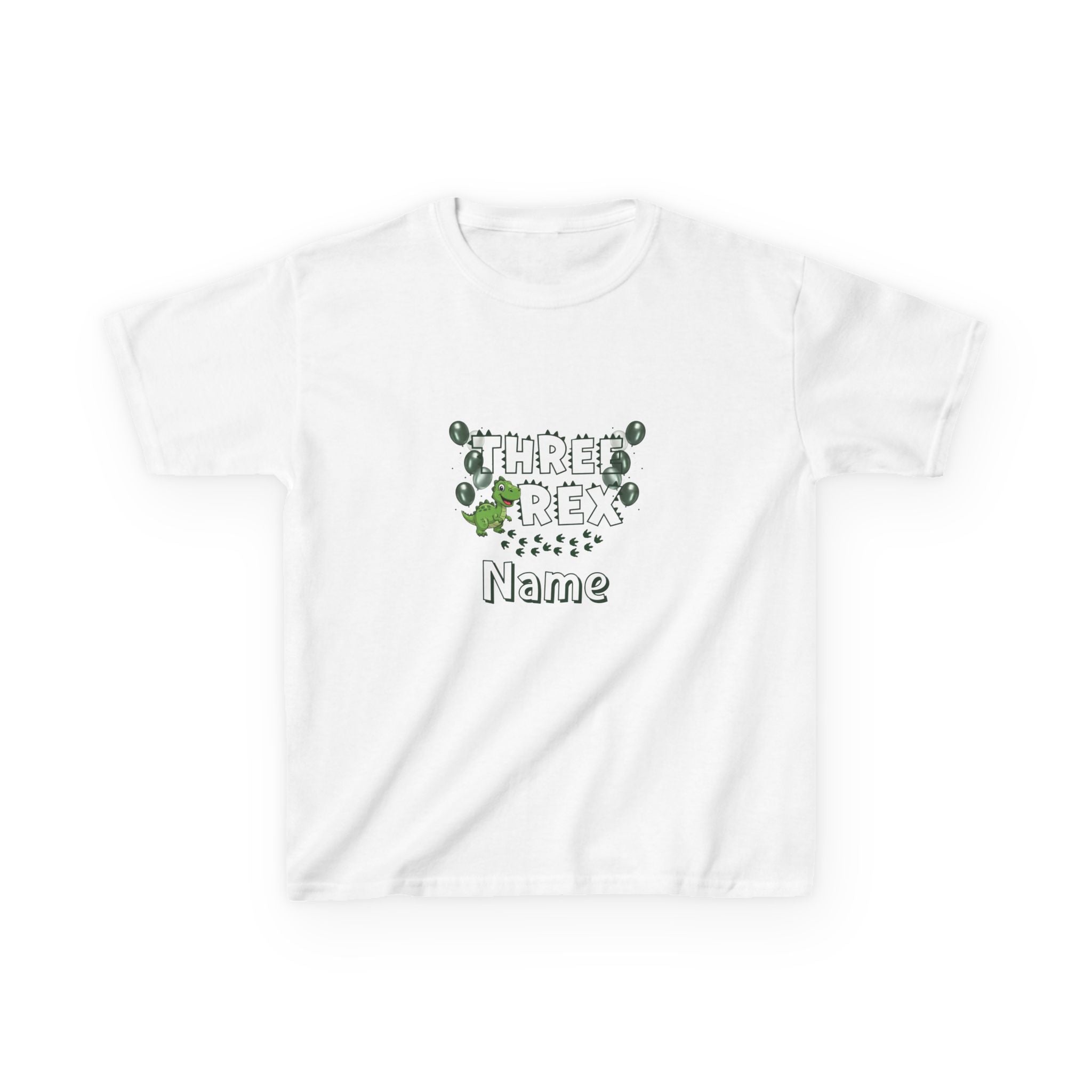Personalised Kids Tee, "THREE REX" Birthday Dinosaur Shirt (Green Text)