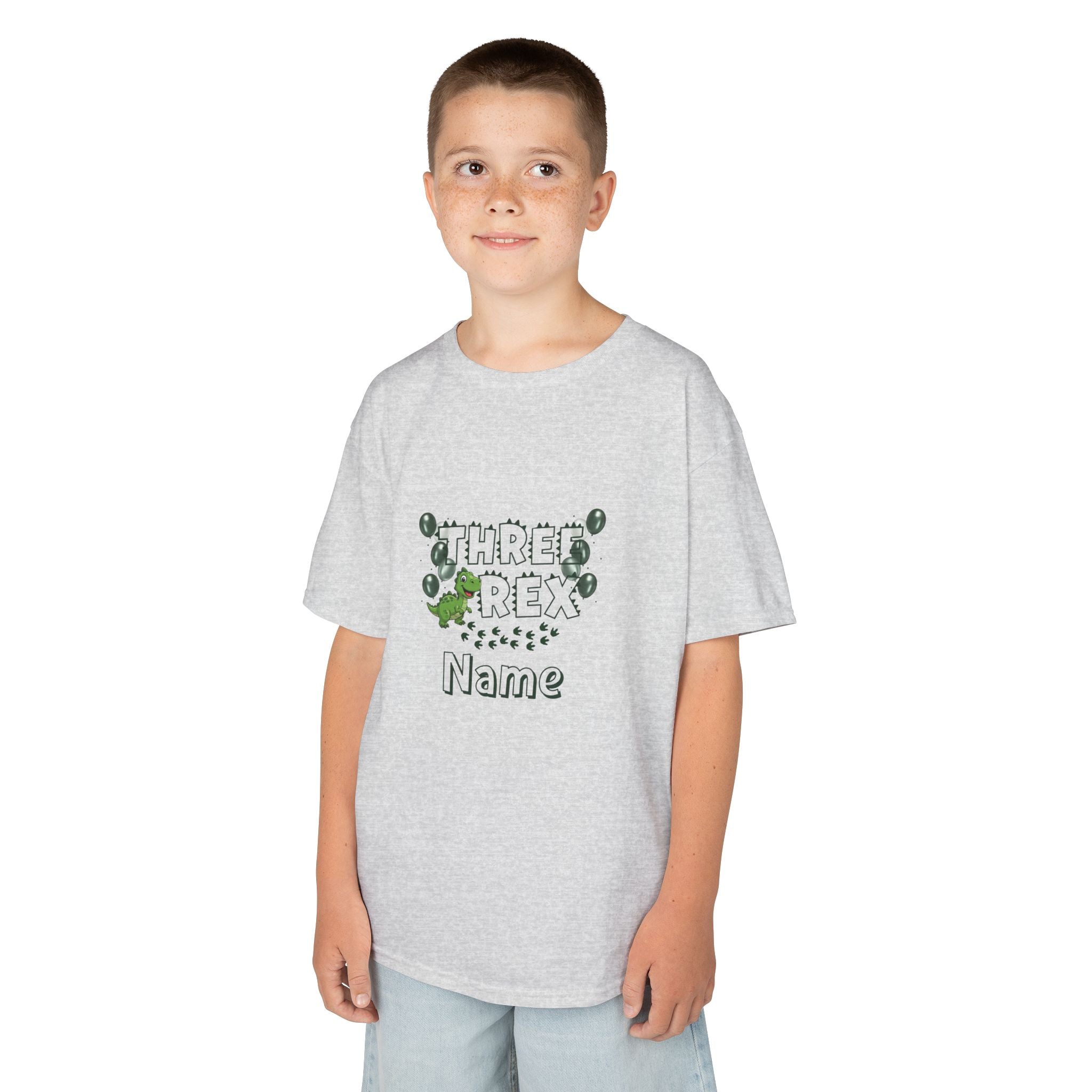 Personalised Kids Tee, "THREE REX" Birthday Dinosaur Shirt (Green Text)