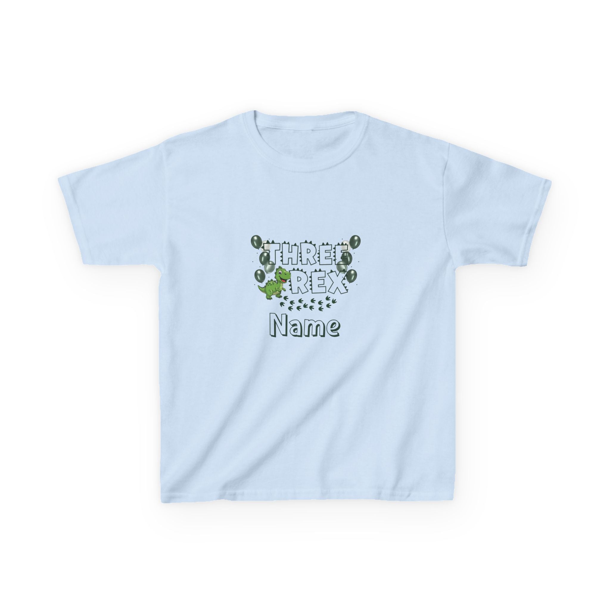 Personalised Kids Tee, "THREE REX" Birthday Dinosaur Shirt (Green Text)