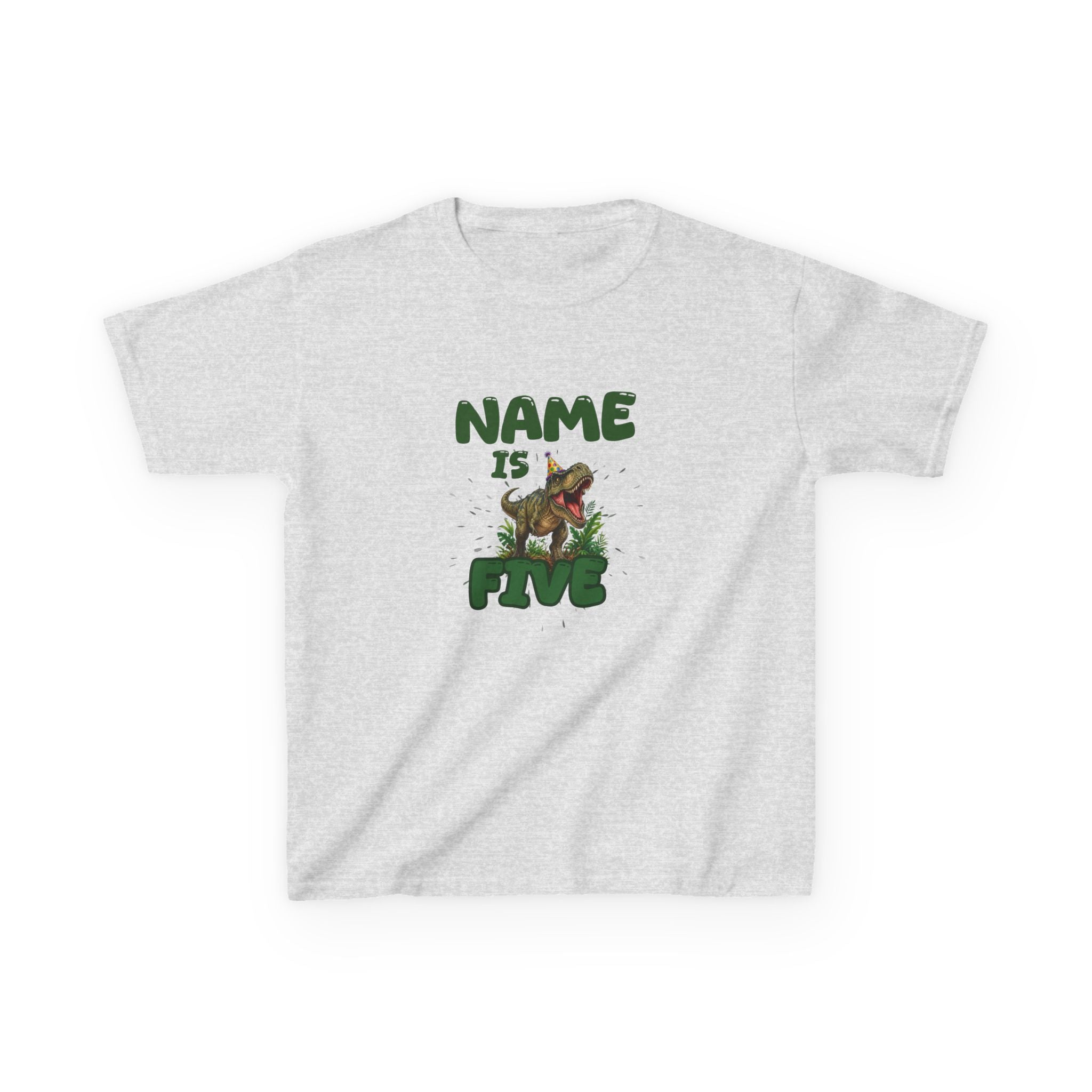 Personalised Kids Dinosaur T‑Shirt, Roaring T‑Rex "Name is Five" Birthday Tee