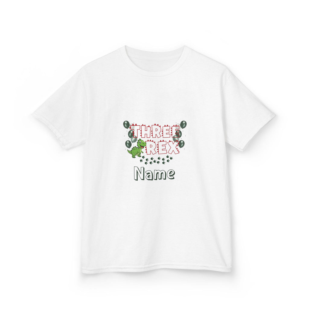 Personalised Kids Tee, "THREE REX" Birthday Dinosaur Shirt (Red Text)
