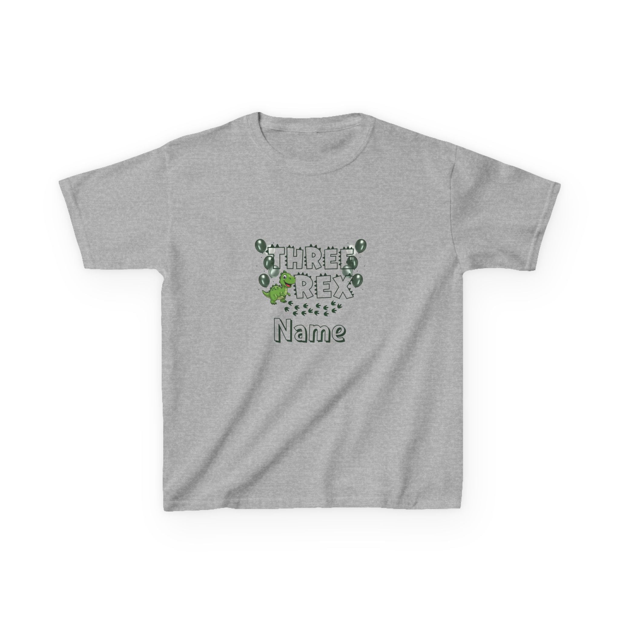 Personalised Kids Tee, "THREE REX" Birthday Dinosaur Shirt (Green Text)