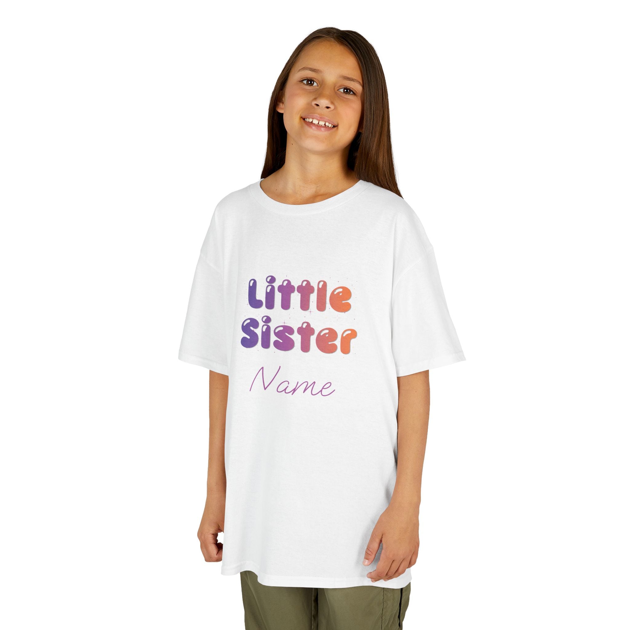 Little Sister Personalised Kids Tee, colourful Bubble Letters with Name