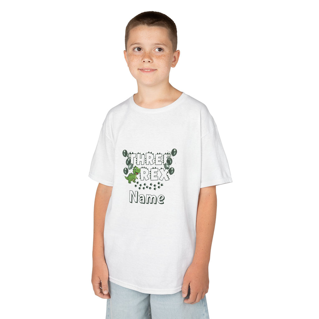 Personalised Kids Tee, "THREE REX" Birthday Dinosaur Shirt (Green Text)