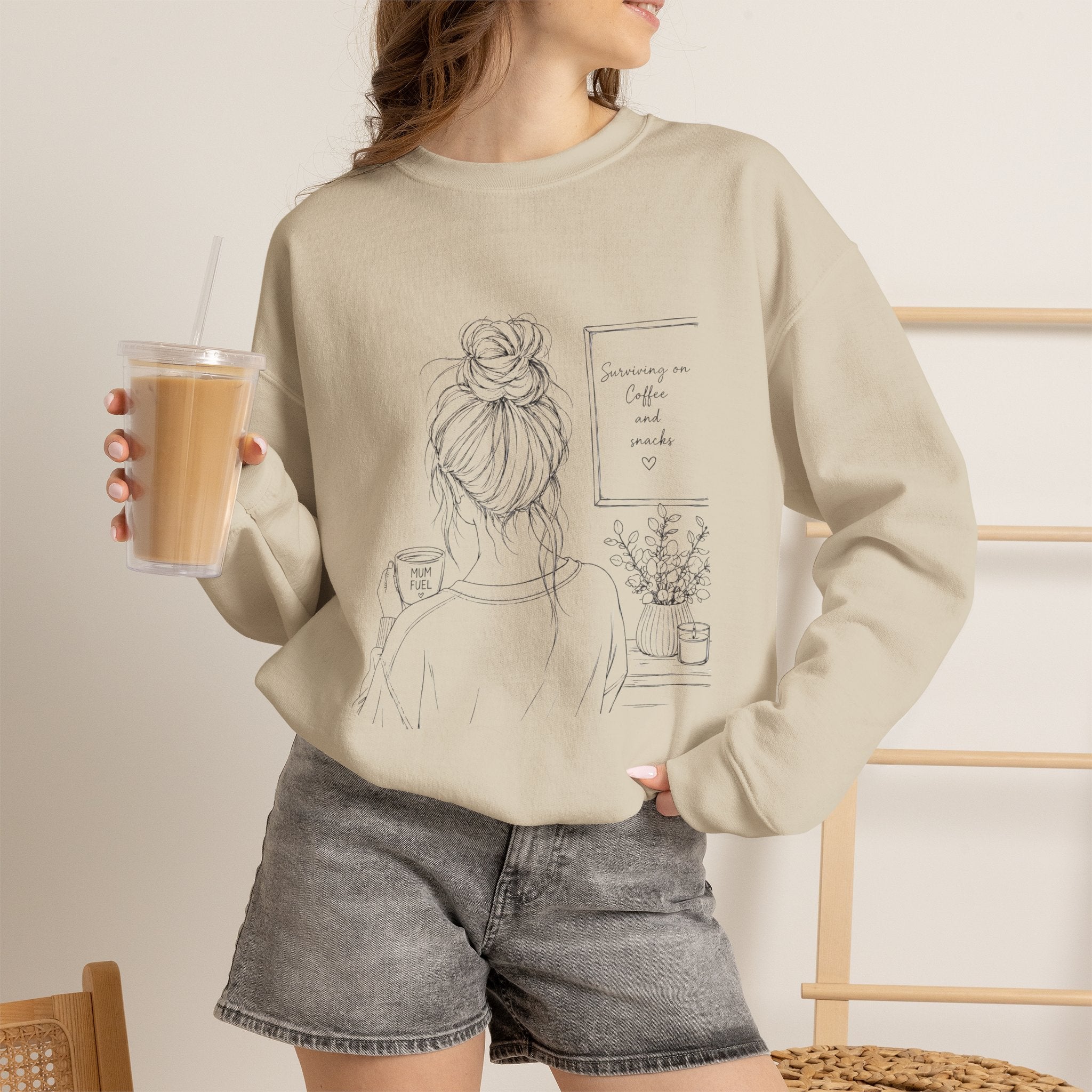Cozy Morning Sketch girl with bun holding coffee Sweatshirt | minimalist line art