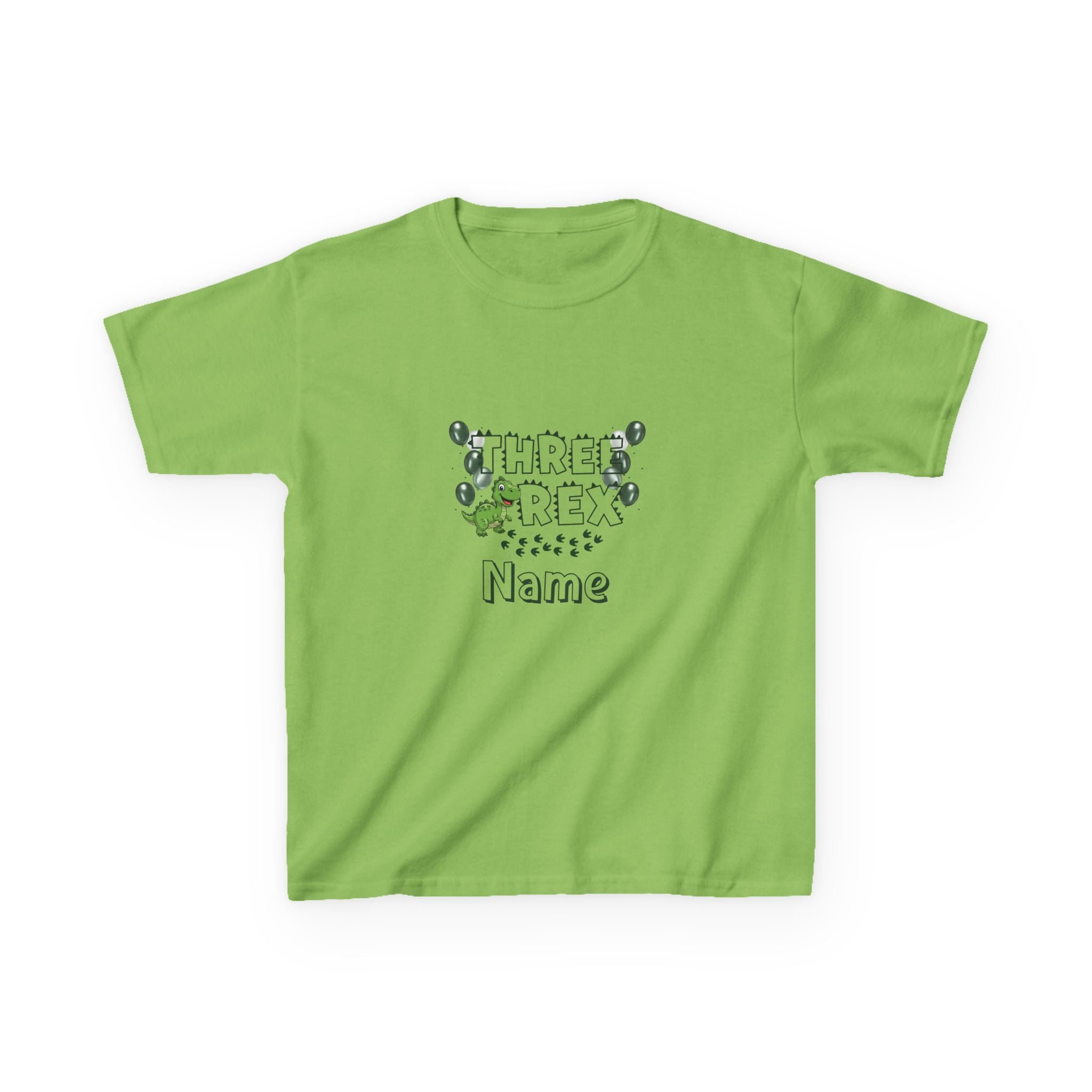 Personalised Kids Tee, "THREE REX" Birthday Dinosaur Shirt (Green Text)