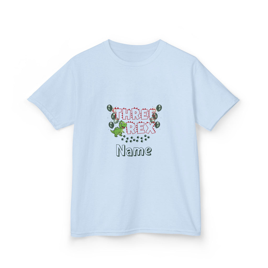 Personalised Kids Tee, "THREE REX" Birthday Dinosaur Shirt (Red Text)