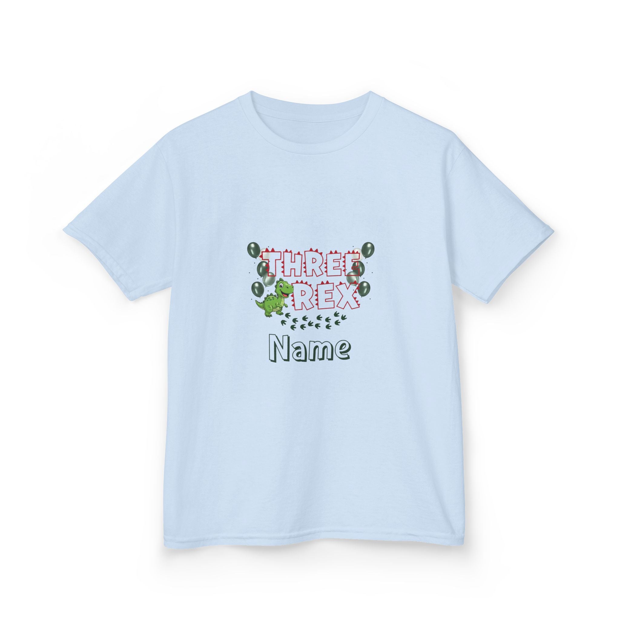 Personalised Kids Tee, "THREE REX" Birthday Dinosaur Shirt (Red Text)