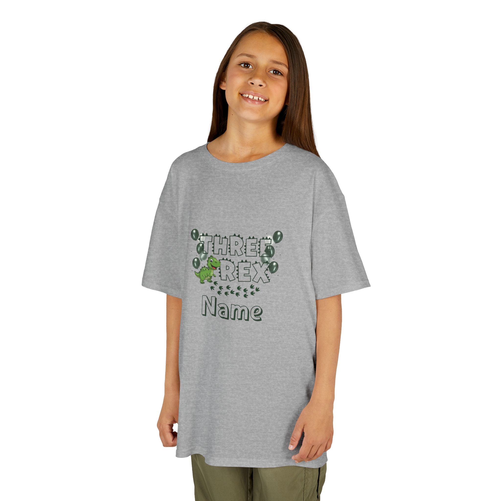 Personalised Kids Tee, "THREE REX" Birthday Dinosaur Shirt (Green Text)